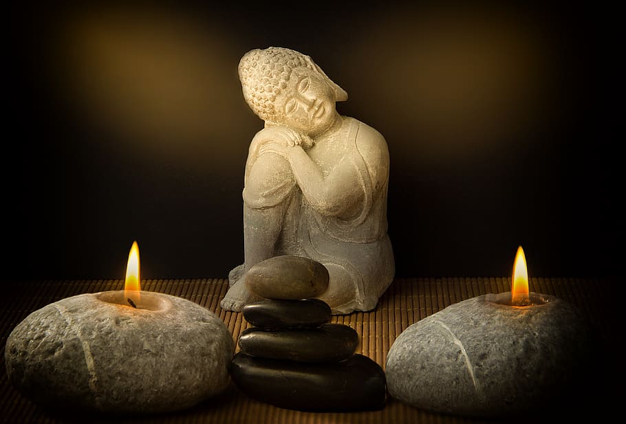 buddha, candles, stones, religion, buddhism, meditation, pray, culture, light, prayer