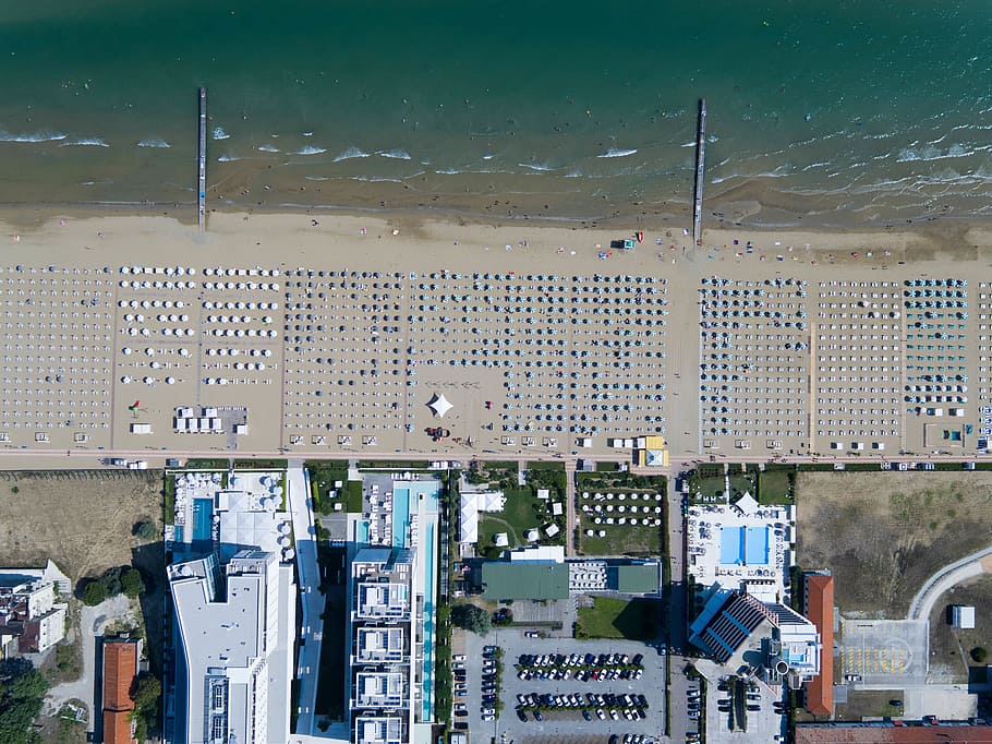 architecture, buildings, infrastructure, aerial, view, beach, sea, water, waves, sand