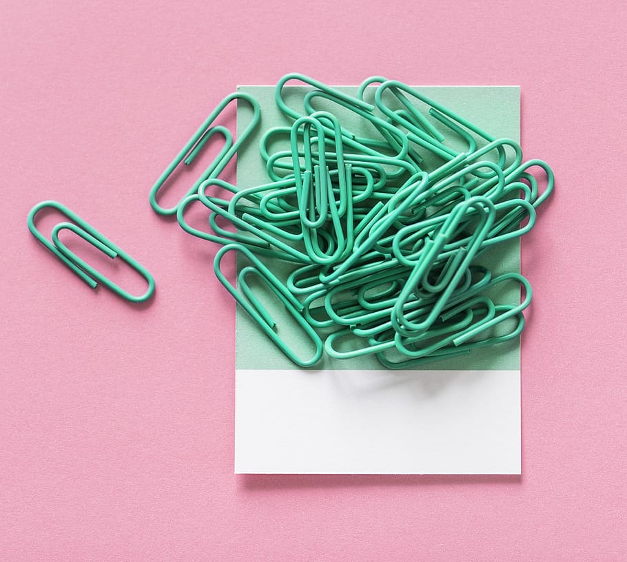 paper, card, clip, clip art, indoors, studio shot, paper clip, directly above, office supply, colored background