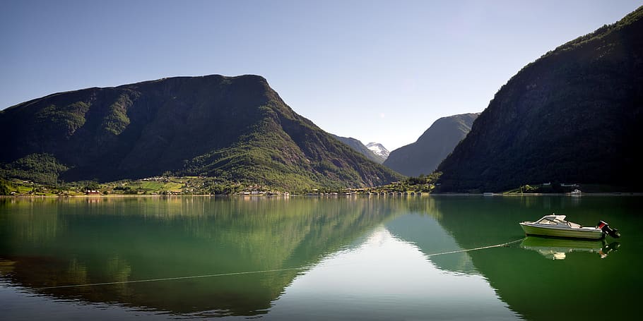 fjord, mountain, norway, nature, boat, landscape, summer, water, sea, reflection