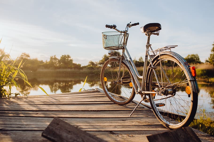 bicicleta, cesta, cais, brilhante, luz do sol, noite, férias, pôr do sol, viagem, ciclista