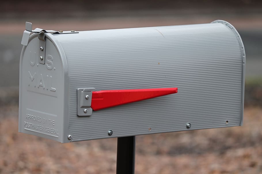 buzón de correo, buzón, metal, americano, bandera, anuncio, rojo, enviar, mensaje, correo