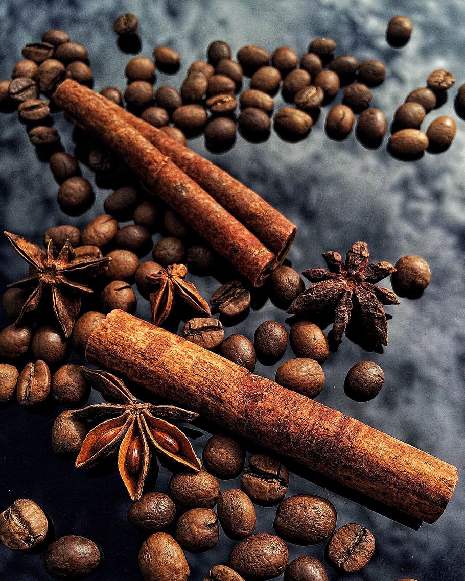 sky, glass, clouds, reflection, coffee, grains, spices, cinnamon, table, food