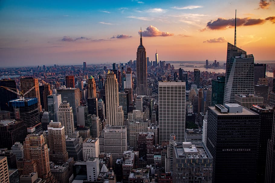 Puesta de sol, Manhattan, ciudad, horizonte, arquitectura, Estados Unidos, América, paisaje urbano, Nueva York, viajes