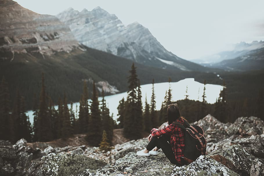 girl, brunette, woman, mountains, mountain, lake, trees, forest, nature, earth