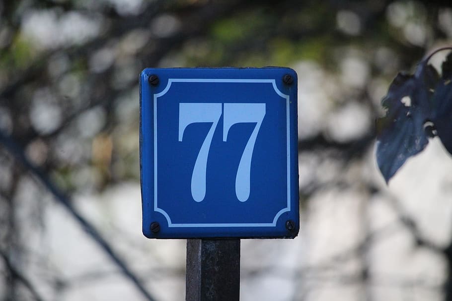 number, house number, shield, blue, seven, seventy-seven, away, photography, sign, focus on foreground