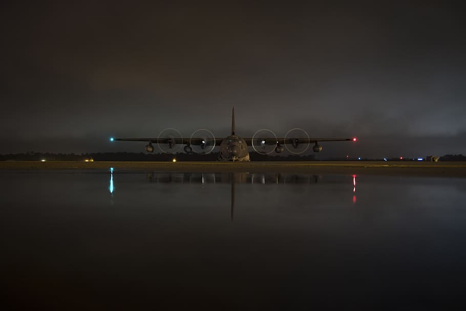 aircraft, night, aviation, airplane, lockheed, hc-130j, combat king ii, runway, fixed wing, personnel recovery platform