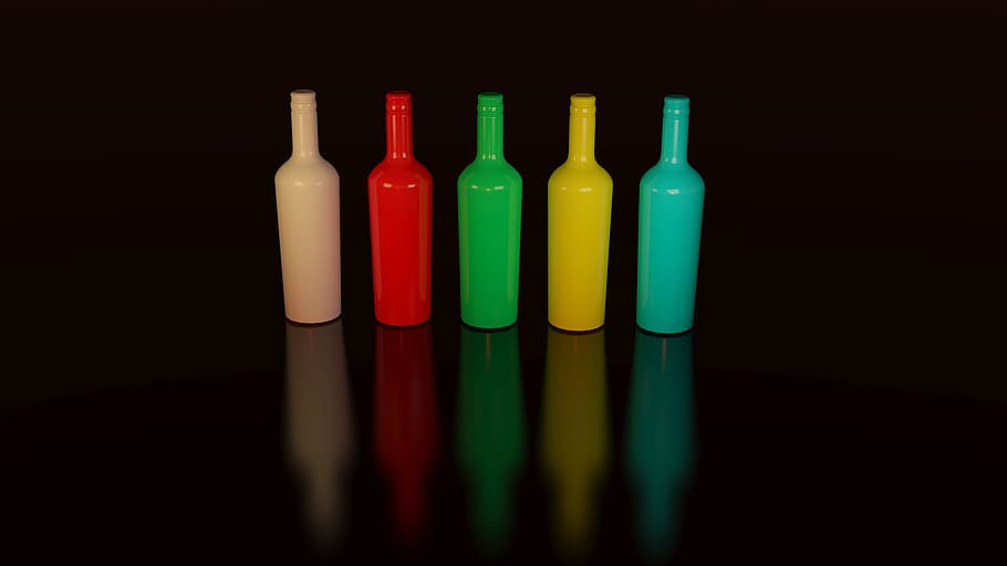 colorido, garrafas, recipiente, exibir, projeto, reflexão, arte, cores, garrafa, comida e bebida