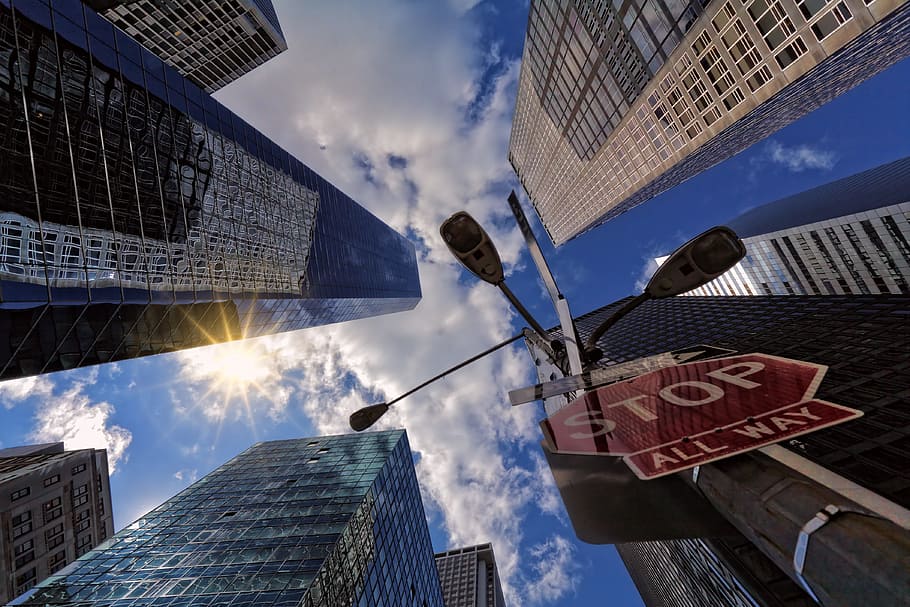 stop, sign, city, skyscraper, blue sky, look up, view, urban, glass, reflection