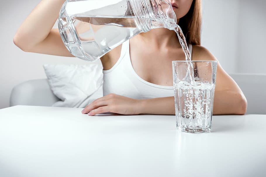 close, young, girl, pouring, fresh, pure, water, pitcher, glass, food and drink
