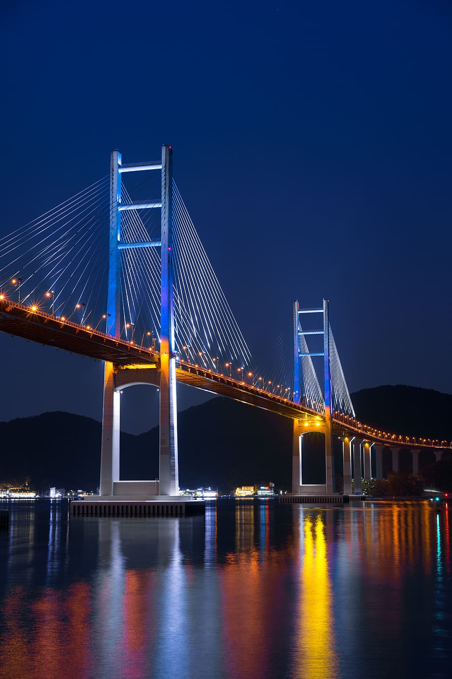 bridge, pier, cable-stayed bridge, sea, post, night view, machang bridge, transportation, connection, bridge - man made structure