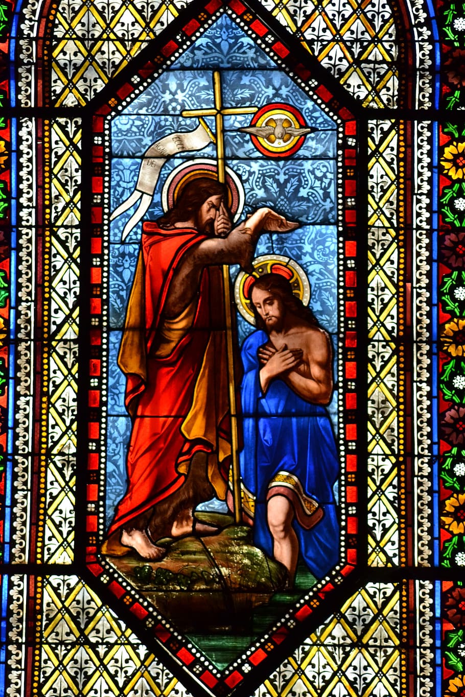 stained glass, colorful, baptism, adult, religion, faith, light, church ...