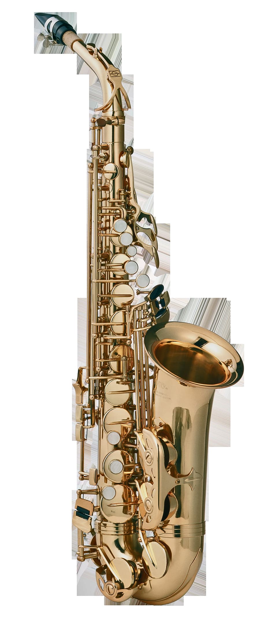 saxofone, música, musical, instrumento, objeto, dourado, tiro do estúdio, fundo branco, ambiente interno, instrumento musical