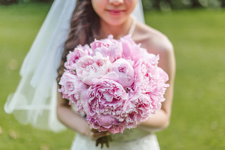 bridesmaid, child, bouquet, weeding, happy, smile, girl, female, pink, flowers