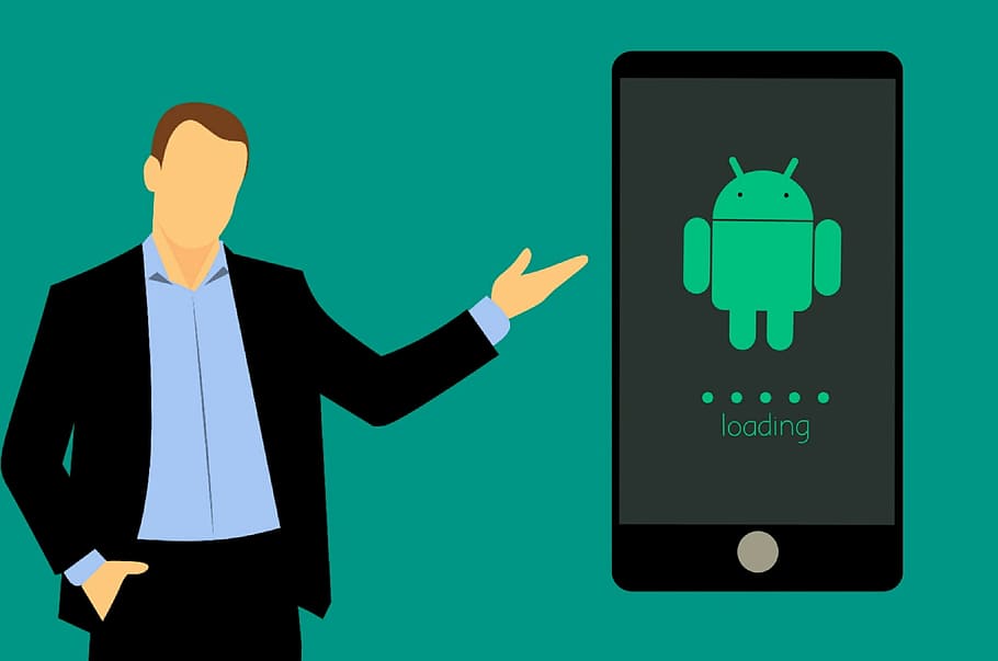 carregamento de dispositivo android, ilustrado, homem, sistema operacional, reiniciar, abertura, atualização do sistema, atualização, tecnologia, smartphone