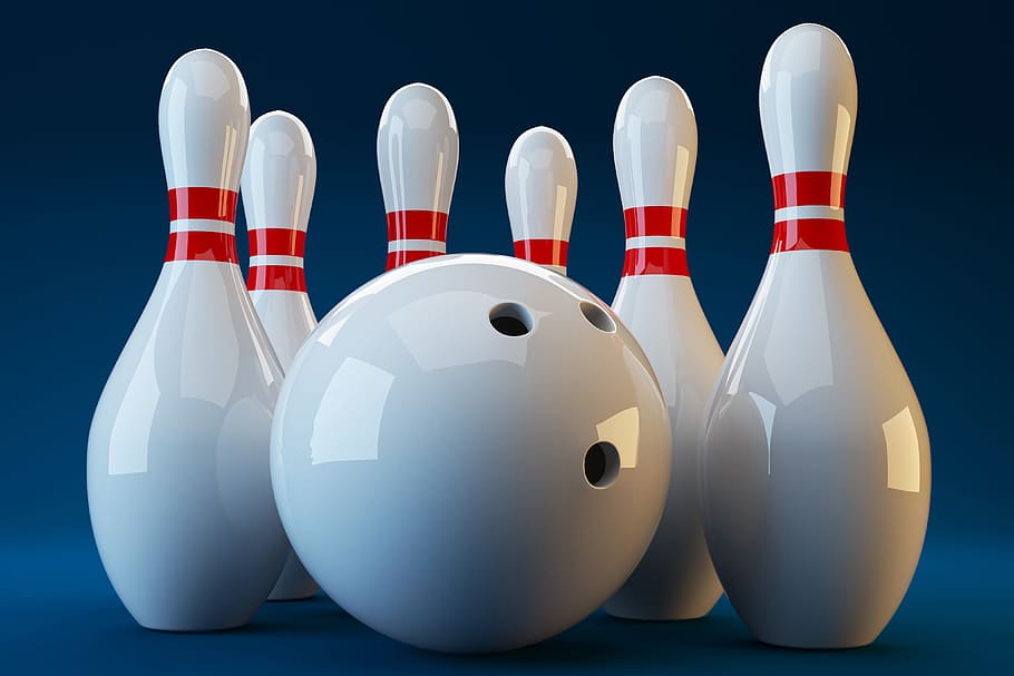 bowling skittles, various, bowling, studio shot, blue background, white color, blue, indoors, colored background, group of objects