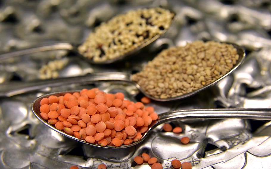 lenses, red lentils, small, food, seeds, sesame, kitchen, cook, arranged, dried fruit