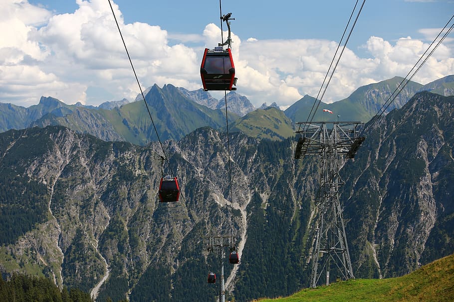 cable car, mountains, clouds, hiking, view, mountain, mountain range, overhead cable car, scenics - nature, beauty in nature