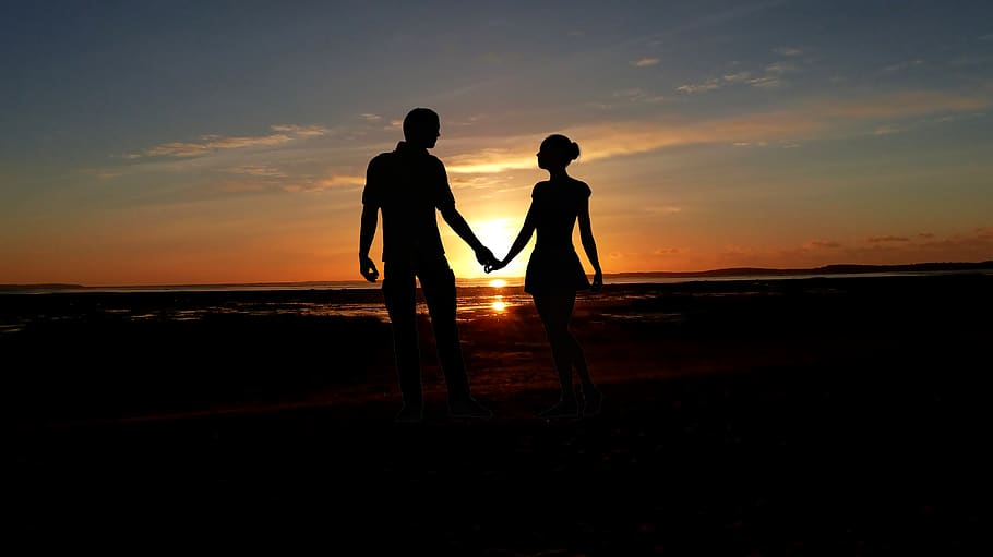 sunset, ocean, maree basse, couple, promenade, happiness, nature, romance, summer, romantic