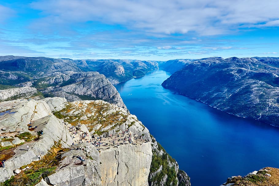 fjord, norway, water, coast, shore, rocks, mountains, view, panorama, nature