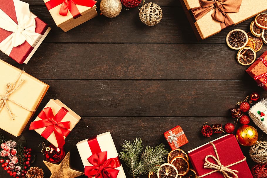hadiah, kotak, natal, sekarang, perayaan, liburan, musiman, latar belakang, kayu, tua