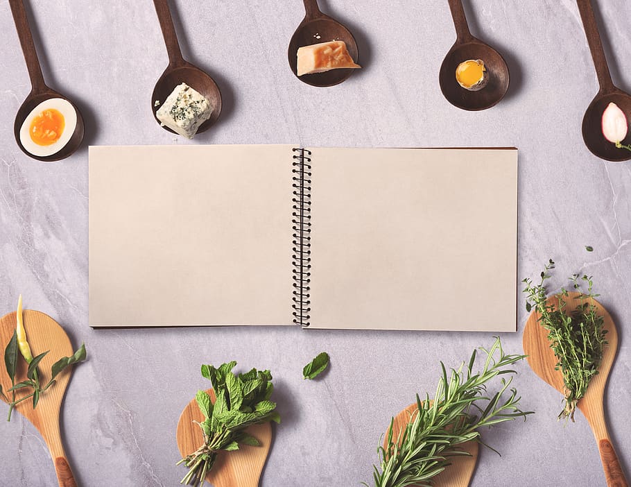 menu, notebook, background, spices, wooden spoon, herbs, eat, egg, cheese, quail egg