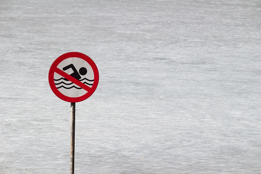 no nadar, parar, señal de prohibido, señal, prohibido, lago, hielo, señal roja, seguridad, cartel