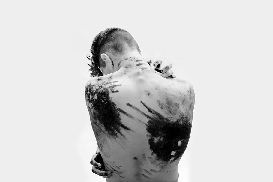 paint, human, man, powerful, portrait, back, body, one person, rear view, white background
