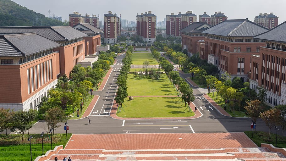 zhejiang university, zhoushan, school, campus, building, red, central axis, building exterior, architecture, built structure