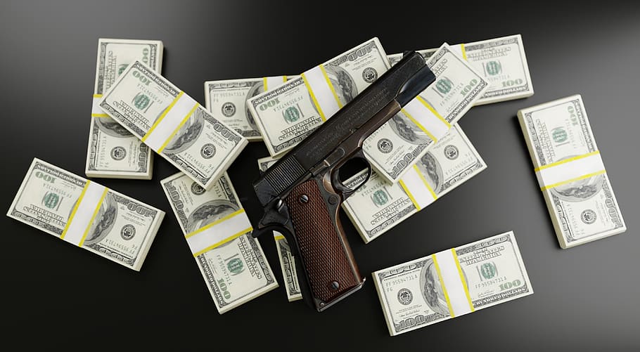 money, dollars, gun, mafia, bribe, bloody, profit, rich, finance, business