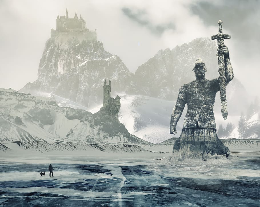 fiction, ice, mountains, fantasy, statue, castle, water, cold temperature, winter, nature