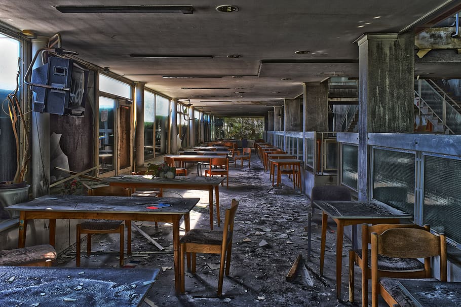 lost places, building, dining tables, chairs, abandoned, broken, atmosphere, break up, architecture, lapsed