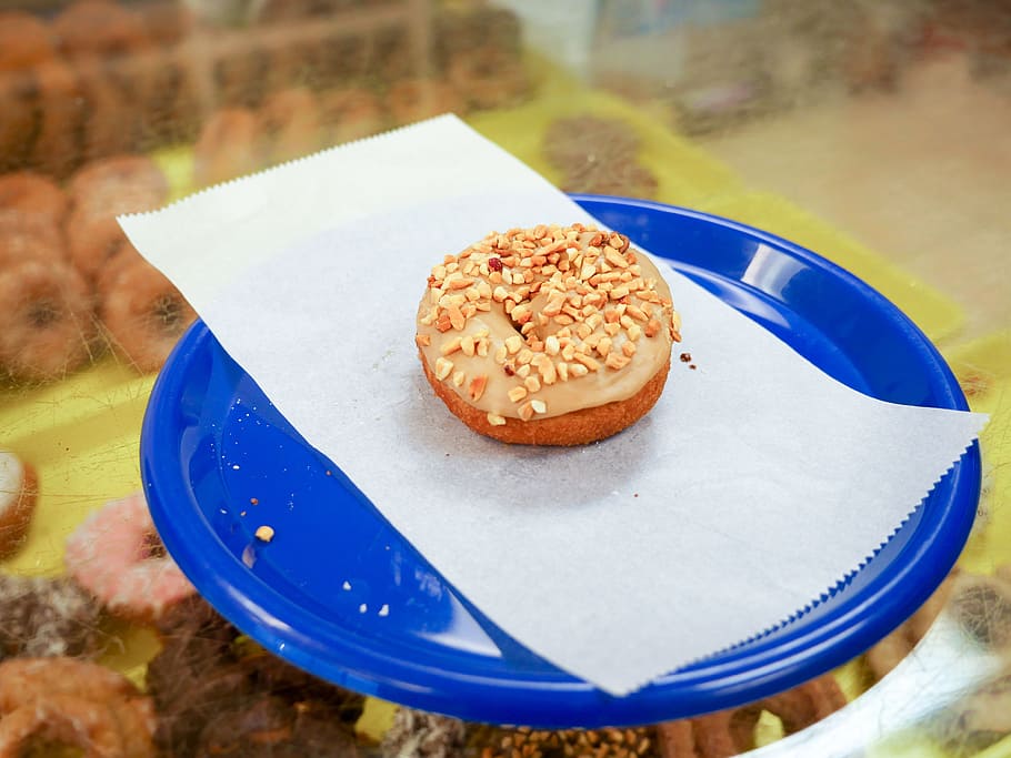 maple cake donut, peanuts, sitting, blue, plate, inside, donut shop, bakery, breakfast, calories