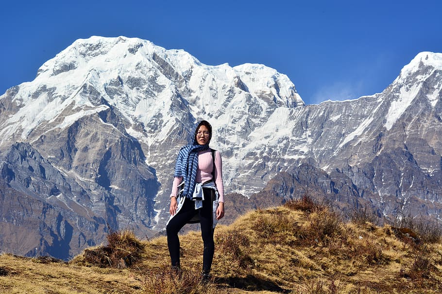 himalaya, nepal, mountains, girl, woman, tourist, himalayas, landscape, snow, adventure