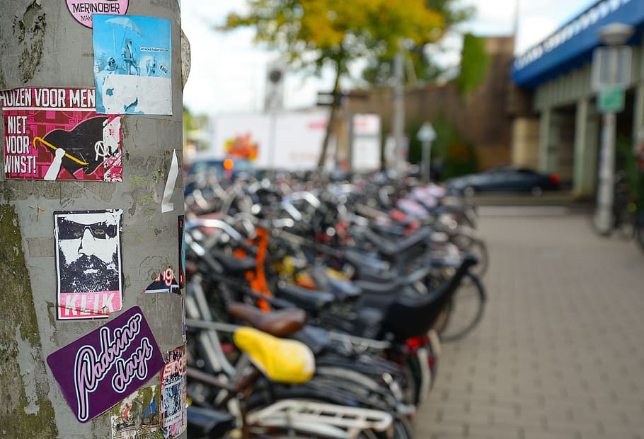 holland, bicycles, parked, saddle, stickers, bicycle, netherlands, bike, amsterdam, transport