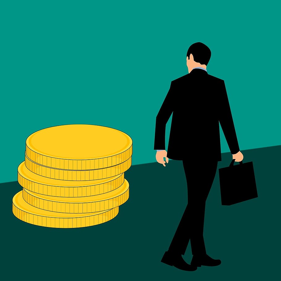 illustration, businessman, briefcase, walking, past, stack, gold coins, coins., investments, money