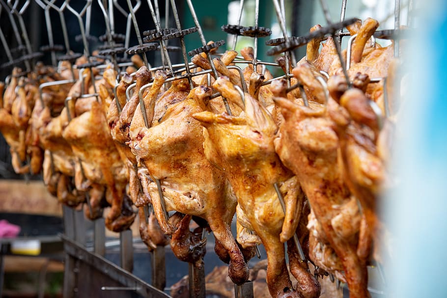 grilled chicken in vietnam, roasted chicken, food, dinner, cooking, food and drink, freshness, skewer, meat, barbecue