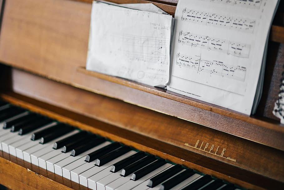 velho, piano, partituras, vintage, interior, ninguém, teclado, de madeira, música, folha