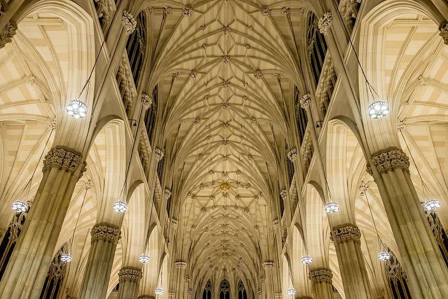 ceiling, cathedral, church, construction, pillars, lighting, design, architecture, large, place of worship