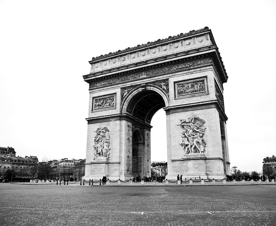 Arc De Triomphe, Paris, hitam dan putih, kota, Perancis, perjalanan, wisata, liburan, arsitektur, langit