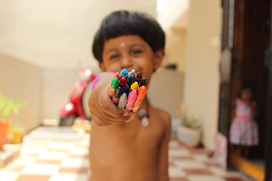 child, colored, crayons, happy, smile, boy, toddler, home, house, one person