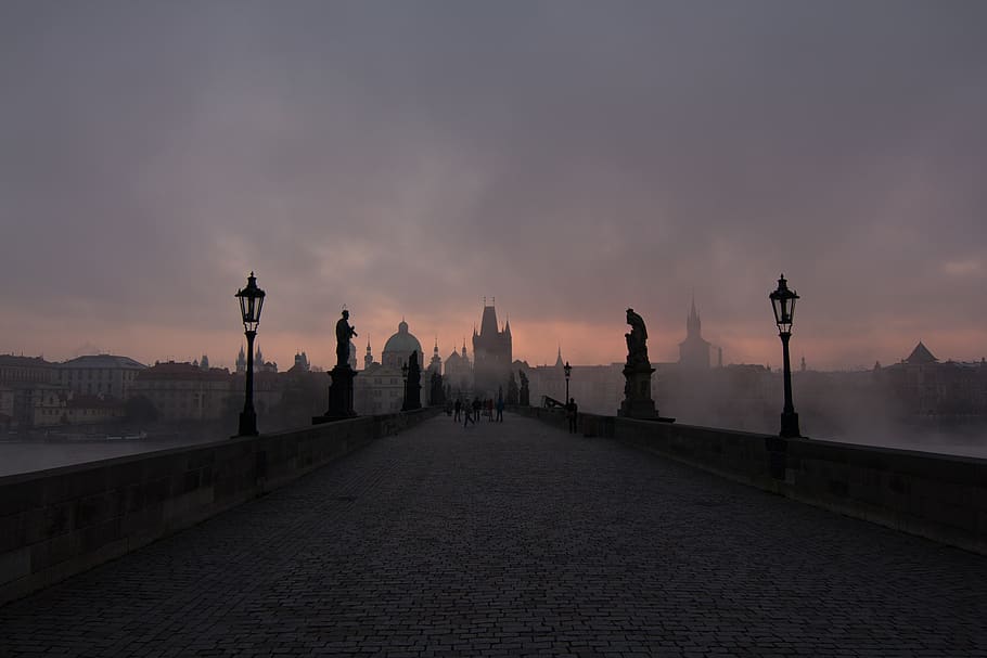 praga, ponte, república checa, ponte de charles, europa, cidade, histórico, gótico, escuro, crepúsculo