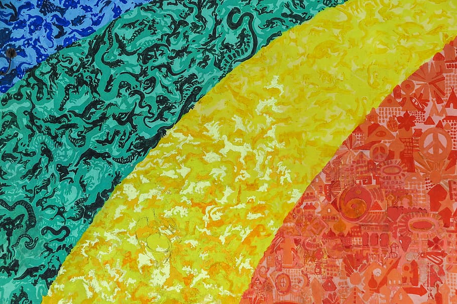 arco íris, colorido, mural, feito, issustrations de animais, arte, azul, verde, vermelho, amarelo