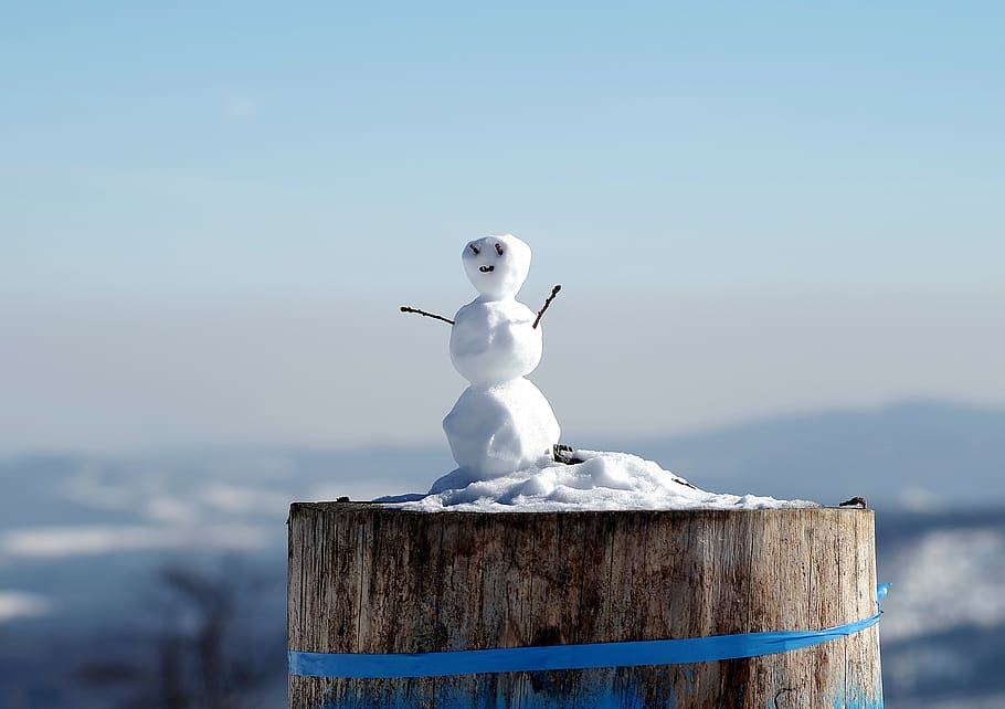 boneco de neve, inverno, diversão, neve, montanhas, paisagem, geada, cara, frio, engraçado