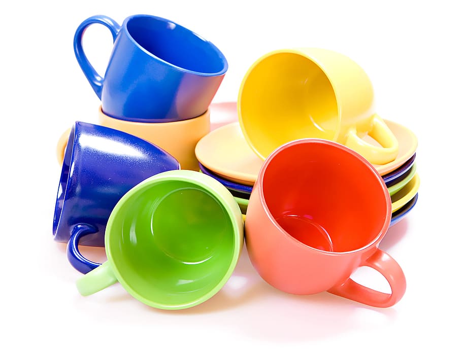 cups, kitchen, closeup, isolated, heap, cafe, nobody, many, plate, green
