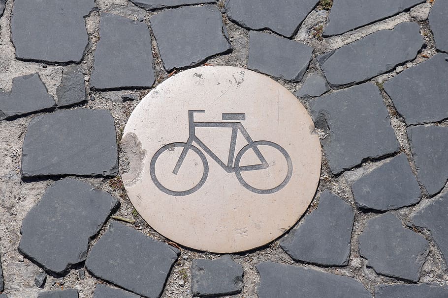 bike, away, cycling, road, cyclists, cycle path, cobblestones, traffic sign, shield, mark