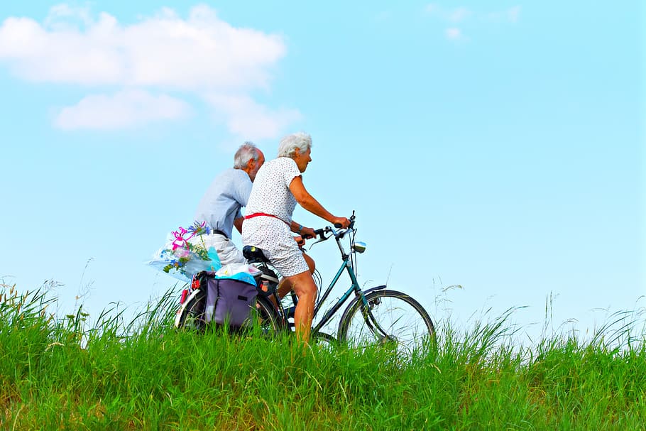 person, man, woman, people, couple, elderly, cycling, together, two, side by side