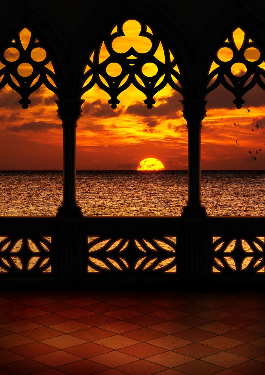 balcony, sunset, sea, clouds, sunrise, twilight, oriental, travel, vacations, lighting