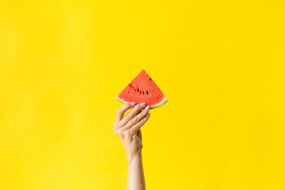slice, watermelon, woman hand, bright, yellow, background, food, foodie, hands, healthy