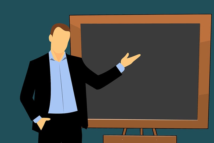 illustration, teacher, front, black, chalkboard., cartoon, board, chalkboard, class, person
